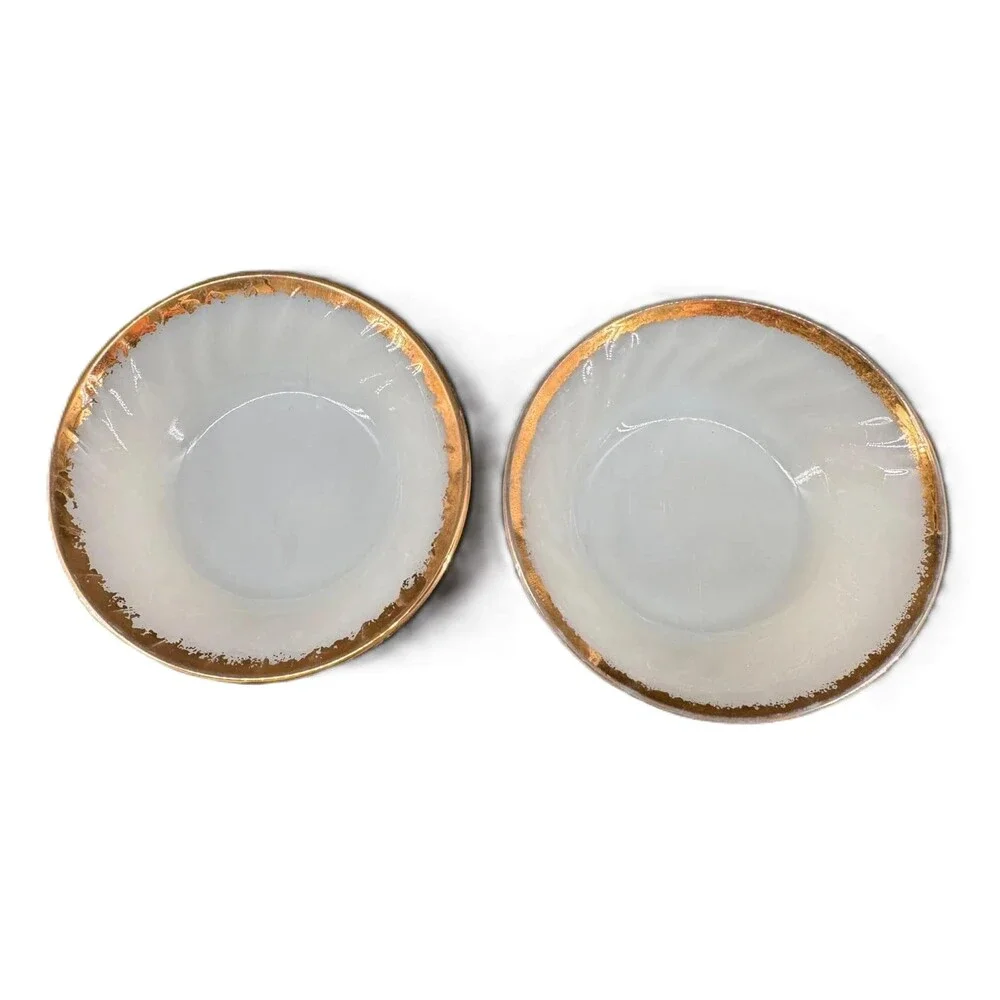 FIRE KING Milk Glass Bowls 22k Gold Rim Swirl Vintage Anchor Hocking Set of 2